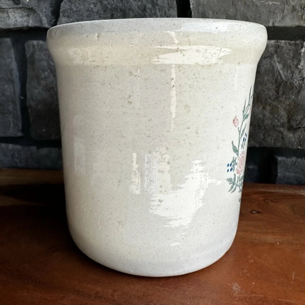 Vintage Pink Heart Floral Pottery Utensil Crock Cottagecore Grandma Farmhouse
